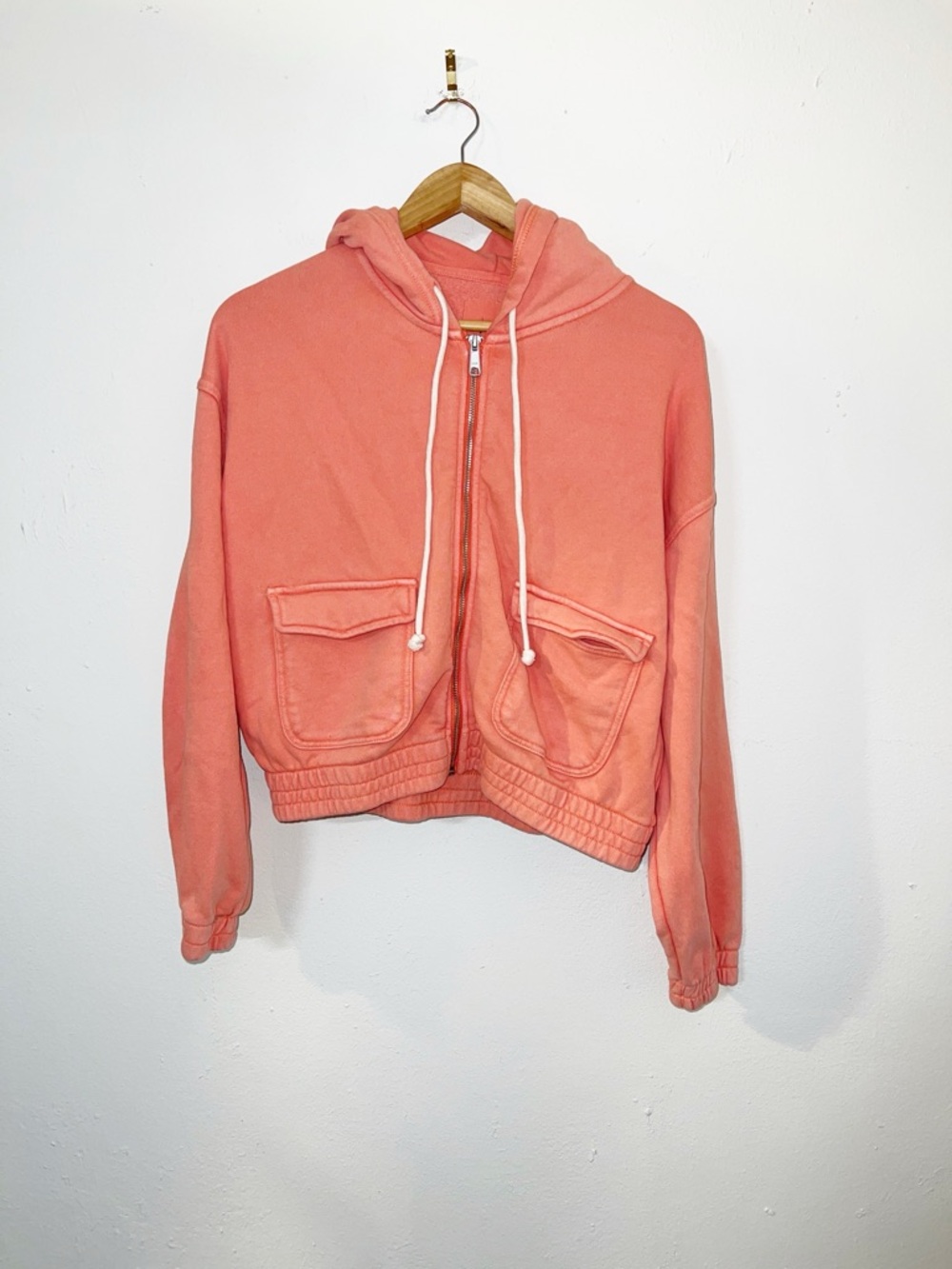 Aerie sun washed coral full zip up elastic waist hoodie with pockets